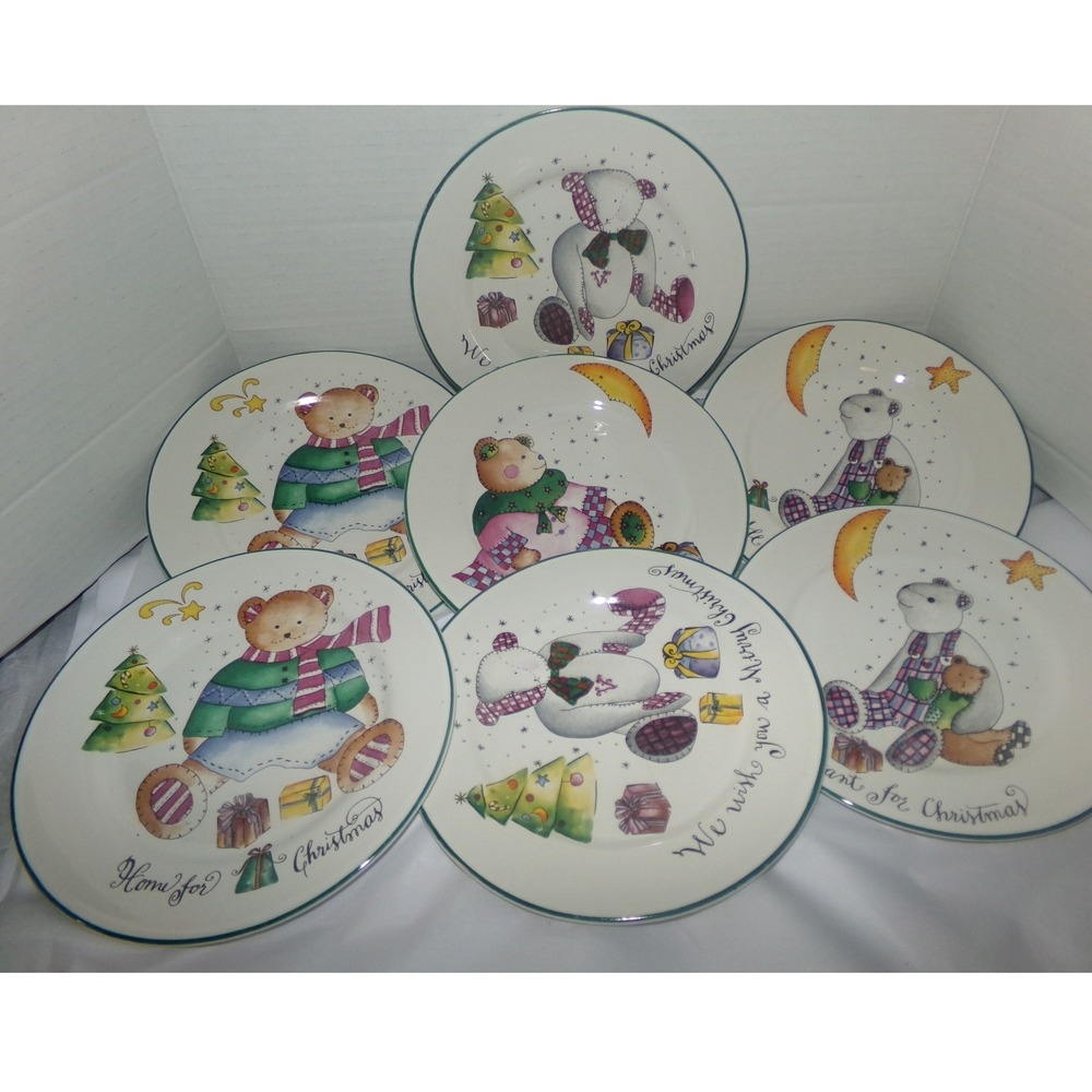 Holiday Home Rosanna Christmas Bear Salad Dessert Plates Set of 7 Ceramic